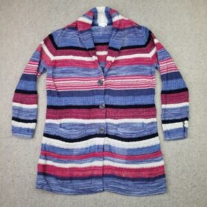 J Jill Linen Blend Sweater Womens S Button Up Striped Blue Pink Pockets